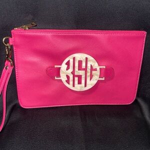 Monogram Accent Hot Pink Leather Wristlet Clutch